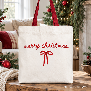 Merry Christmas Bow Tote Bag, Minimalist Coquette Holiday Gift Shopper