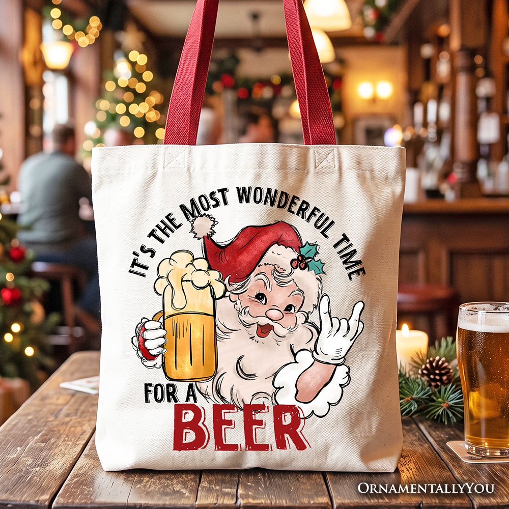 Santa Beer Christmas Tote Bag, It’s The Most Wonderful Time Funny Holiday Gift Shopper for Festive Drinkers
