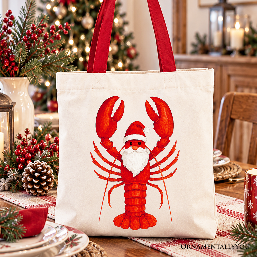 Santa Claws Lobster Tote Bag, Funny Pun Coastal Christmas Holiday Gift Shopper