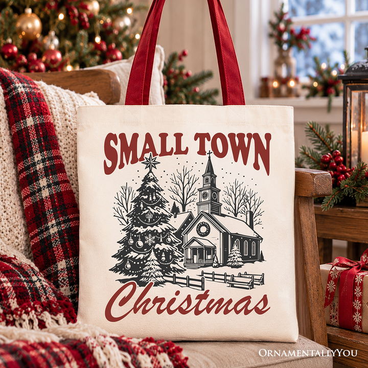 Small Town Christmas Vintage Tote Bag, Rustic Winter Church Gift Shopper