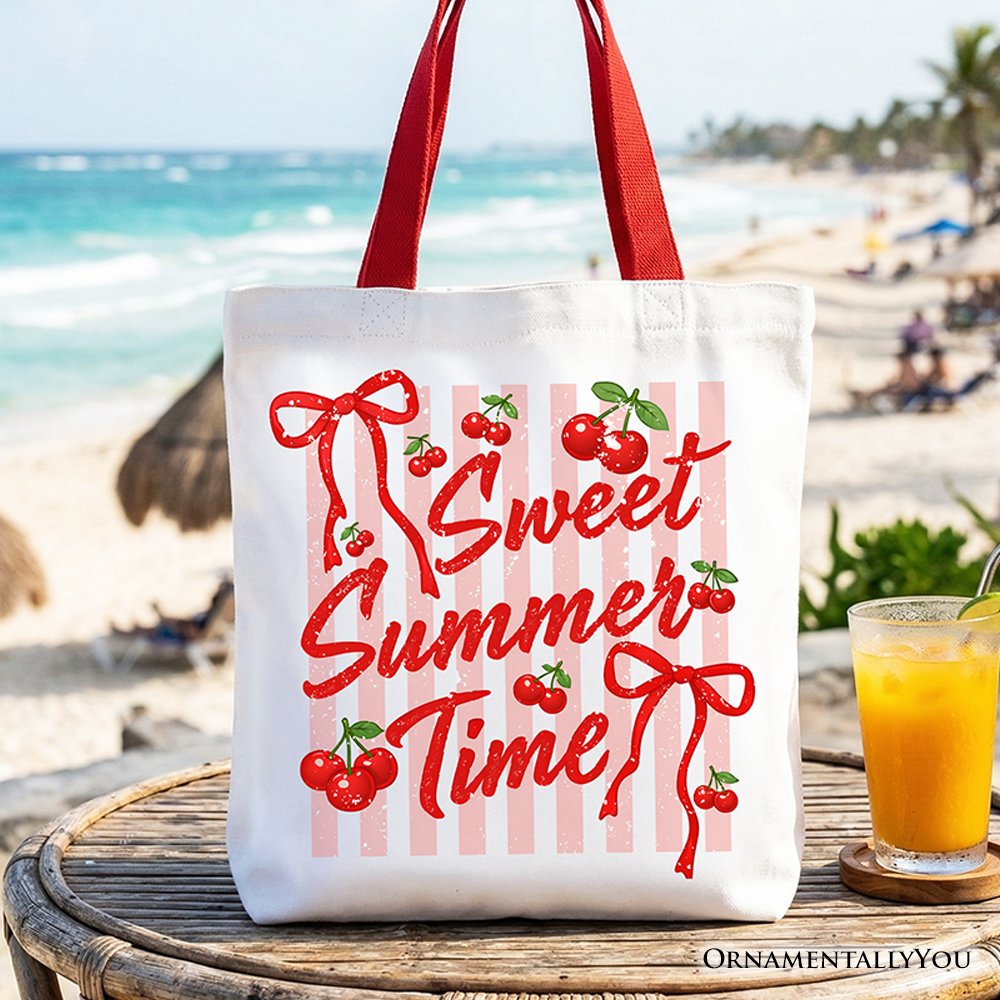 Striped Cherry Sweet Summer Time Tote Bag, Coquette Vacation Gift Shopper Tote Bag OrnamentallyYou Red Handle 