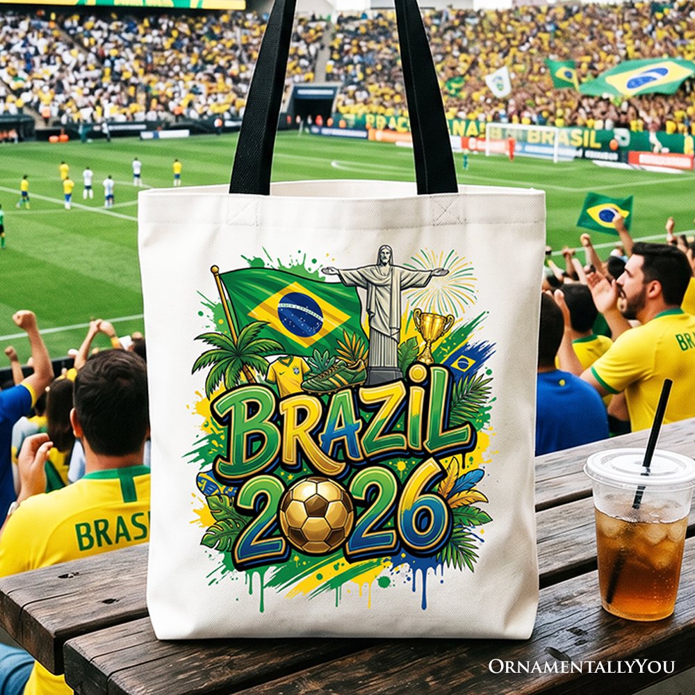 Brazil 2026 Soccer Cup Global Championship Tote Bag, Fans Football Gift Shopper Tote Bag OrnamentallyYou Black Handle 
