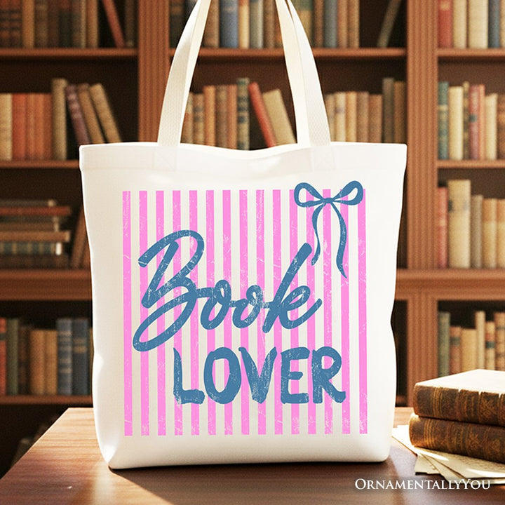 Book Lover Striped Reader Tote Bag, Coquette Bookworm Gift Shopper Tote Bag OrnamentallyYou White 