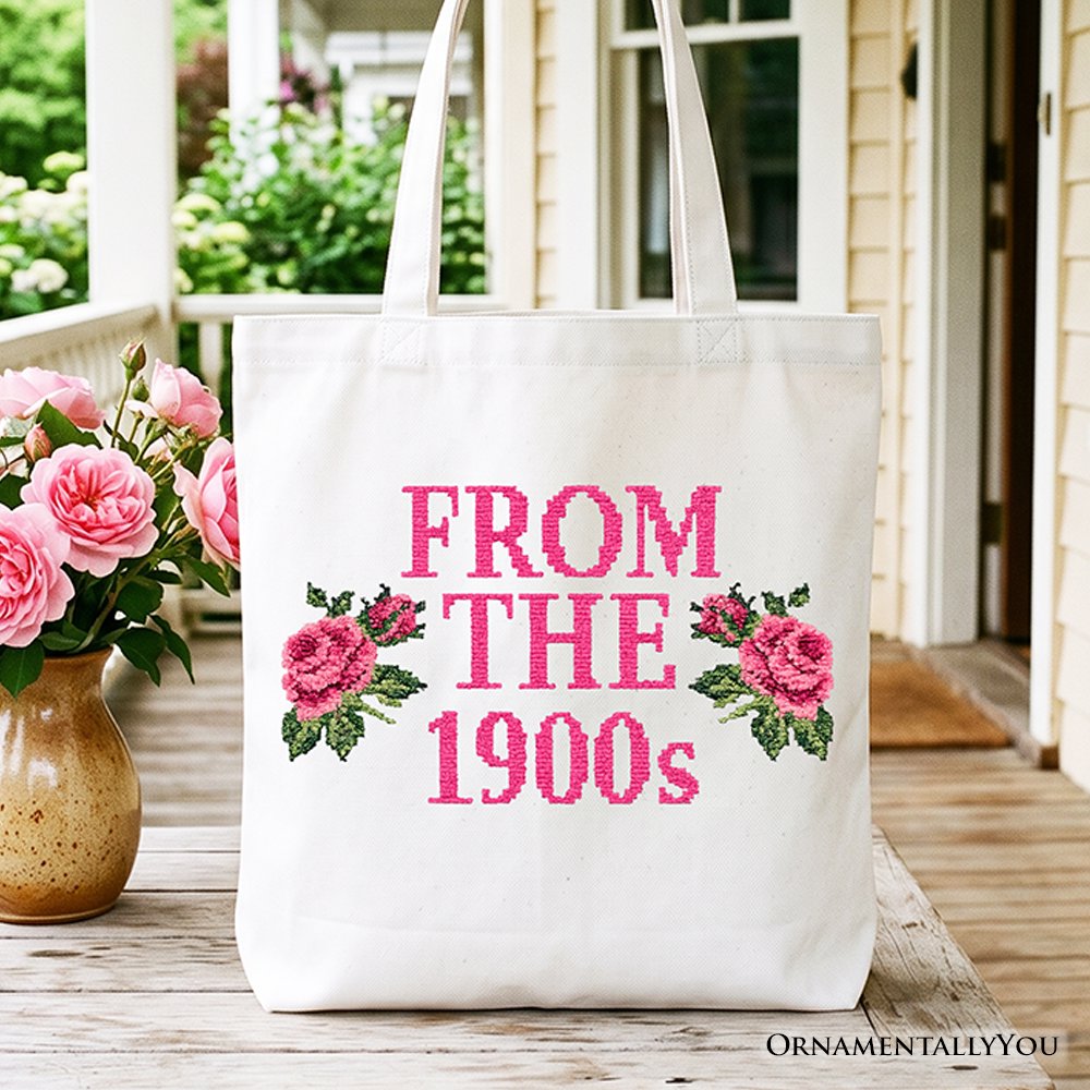 From The 1900s Floral Printed Faux Embroidery Tote Bag, Sarcastic Vintage Gift Shopper Tote Bag OrnamentallyYou White 