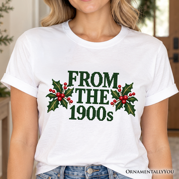 From the 1900s Faux Cross Stitch Christmas T-Shirt, Holly Retro Holiday Tee