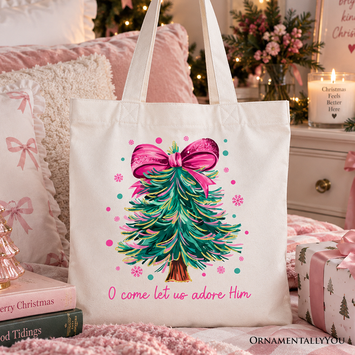 Glitter Christmas Tree Coquette Bow Tote Bag, O Come Let Us Adore Him Holiday Gift Shopper