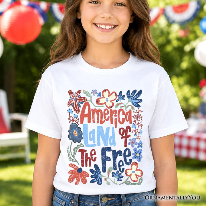 Kids America Land of the Free T-Shirt, Retro Youth Floral Independence Day Tee Kid's T-Shirts OrnamentallyYou 