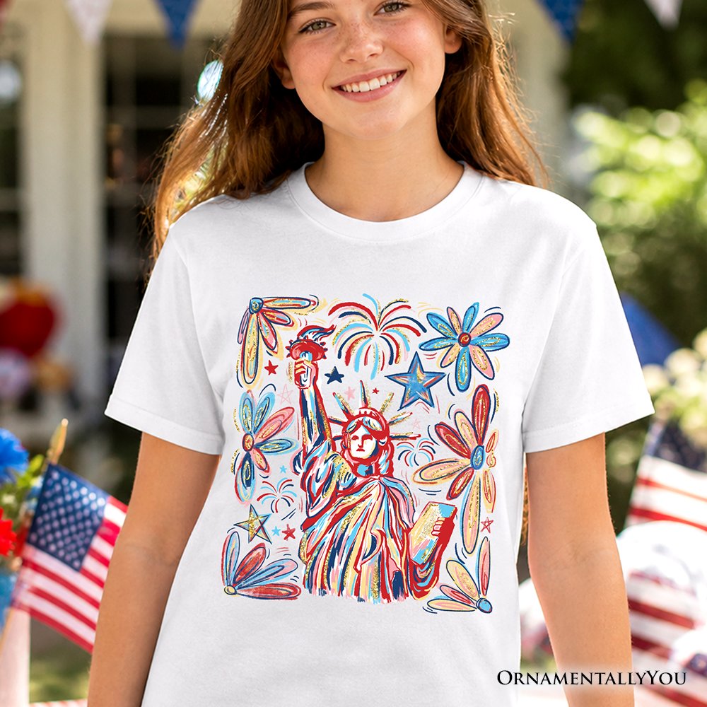 Kids Patriotic Statue of Liberty and Fireworks T-Shirt, Festive 4th of July Youth Tee Kid's T-Shirts OrnamentallyYou 