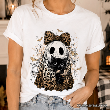 Leopard Bow Ghost with Black Cat T-Shirt, Spooky Halloween Spider Web Tee