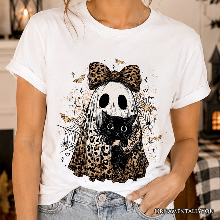 Leopard Bow Ghost with Black Cat T-Shirt, Spooky Halloween Spider Web Tee