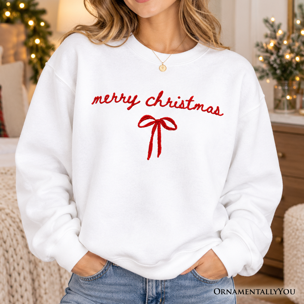 Merry Christmas Bow Sweatshirt, Minimalist Coquette Holiday Sweater