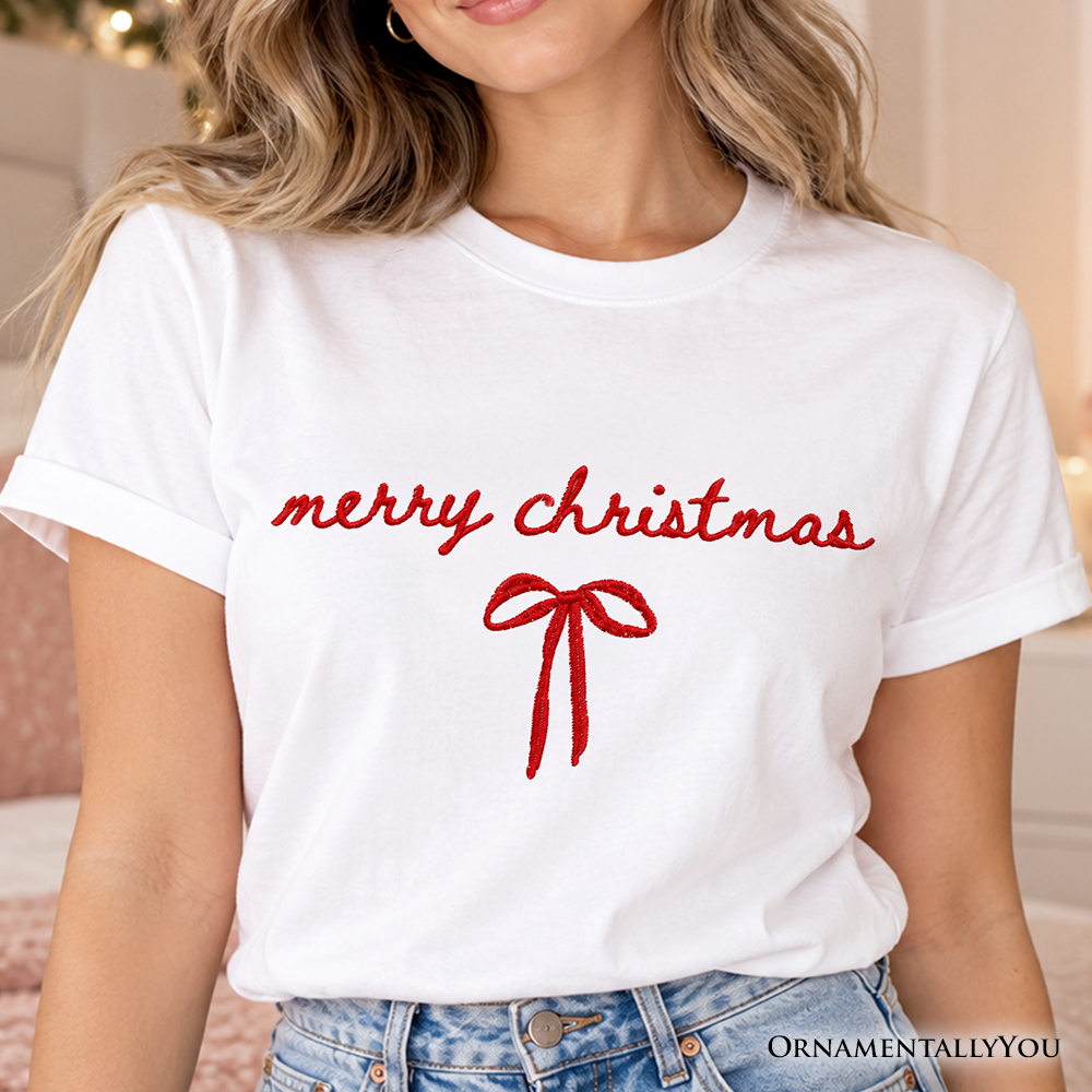 Merry Christmas Bow T-Shirt, Minimalist Coquette Holiday Tee