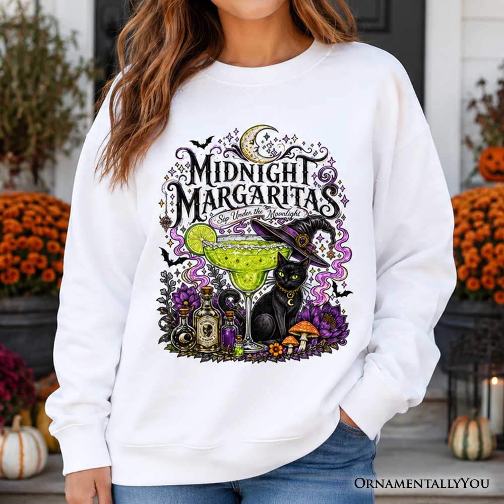 Midnight Margaritas Black Cat Halloween Sweatshirt, Witchy Cocktail Sweater for Spooky Season