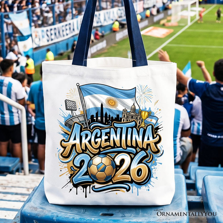 Argentina 2026 Soccer Cup Global Championship Tote Bag, Fans Football Gift Shopper Tote Bag OrnamentallyYou Navy Handle 