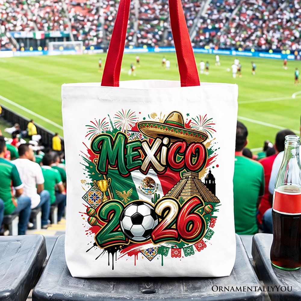 Mexico 2026 Soccer Cup Global Championship Tote Bag, Fans Football Gift Shopper Tote Bag OrnamentallyYou Red Handle 