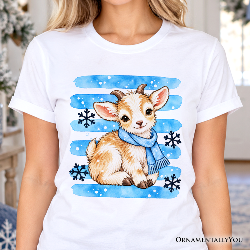 Snowflake Goat Christmas T-Shirt, Cute Winter Scarf Farm Animal Tee