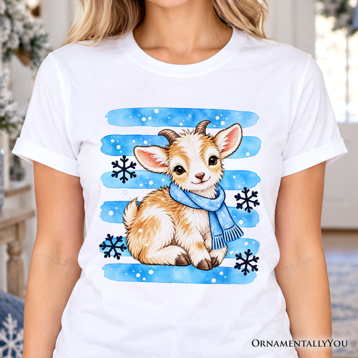 Snowflake Goat Christmas T-Shirt, Cute Winter Scarf Farm Animal Tee