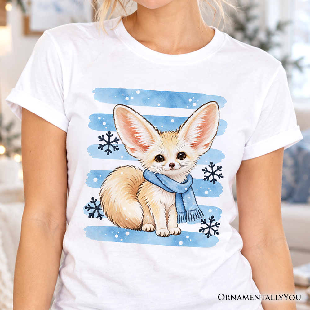 Snowflake Scarf Fennec Fox Christmas T-Shirt, Cute Winter Animal Tee