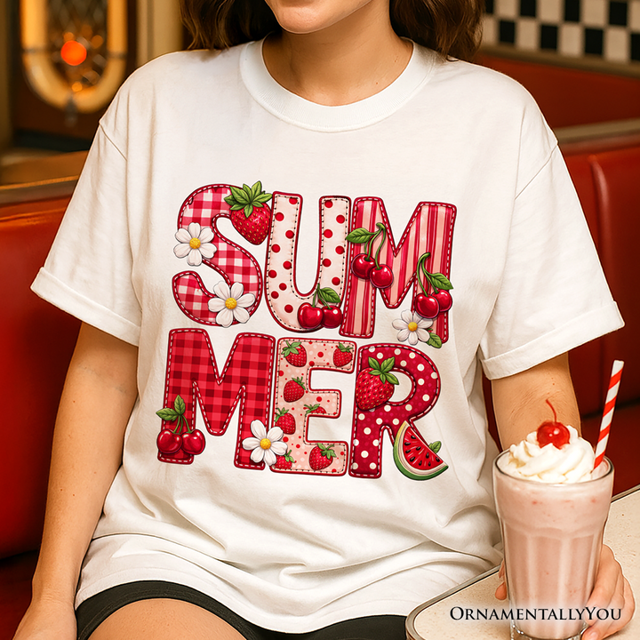 Strawberry Cherry Printed Faux Patchwork T-Shirt, Summer Fruit Picnic Tee