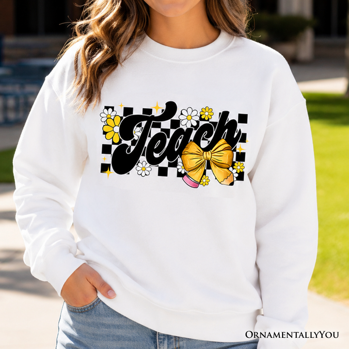 Teach Checkered Coquette Bow Sweatshirt, Retro Sweater for Trendy Teachers