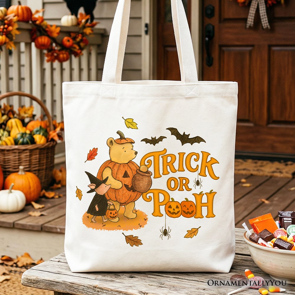 Trick or Treat Winnie-the-Pooh Tote Bag, 1926 A.A. Milne Vintage Halloween Gift Shopper Tote Bag OrnamentallyYou White 