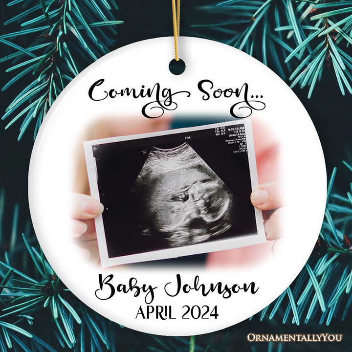 Baby Coming Soon Pregnant Mother Custom Photo Ornament, Personalized Pregnancy Announcement Sonogram Gift