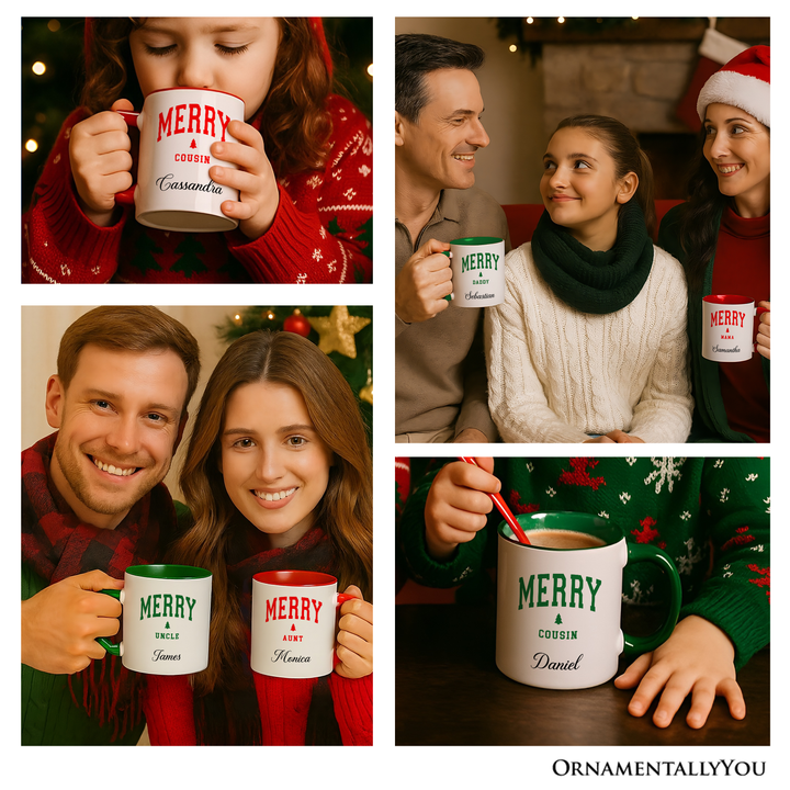 Merry Cousin Retro Christmas Personalized Mug, Matching Family Holiday Gift with Custom Name