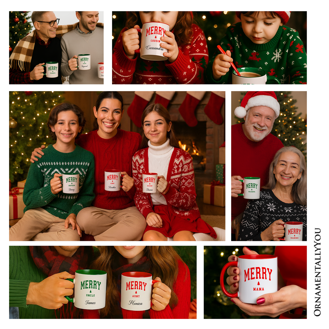 Merry Mama Retro Christmas Personalized Mug, Matching Family Holiday Gift with Custom Name