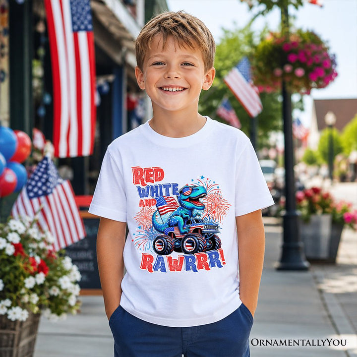 Kids Patriotic Dinosaur Monster Truck T-Shirt, Red White and Rawrr 4th of July Youth Tee Kid's T-Shirts OrnamentallyYou 