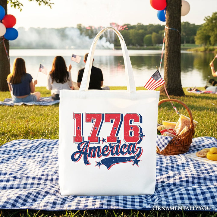 1776 America Vintage Tote Bag, Patriotic Retro USA Freedom 4th of July Gift Shopper Tote Bag OrnamentallyYou White 