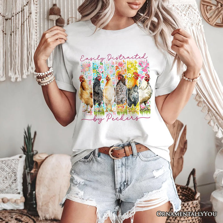 Easily Distracted by Peckers Chicken Farm T-Shirt, Funny Floral Farmlife Brushstroke Tee T-Shirts OrnamentallyYou 