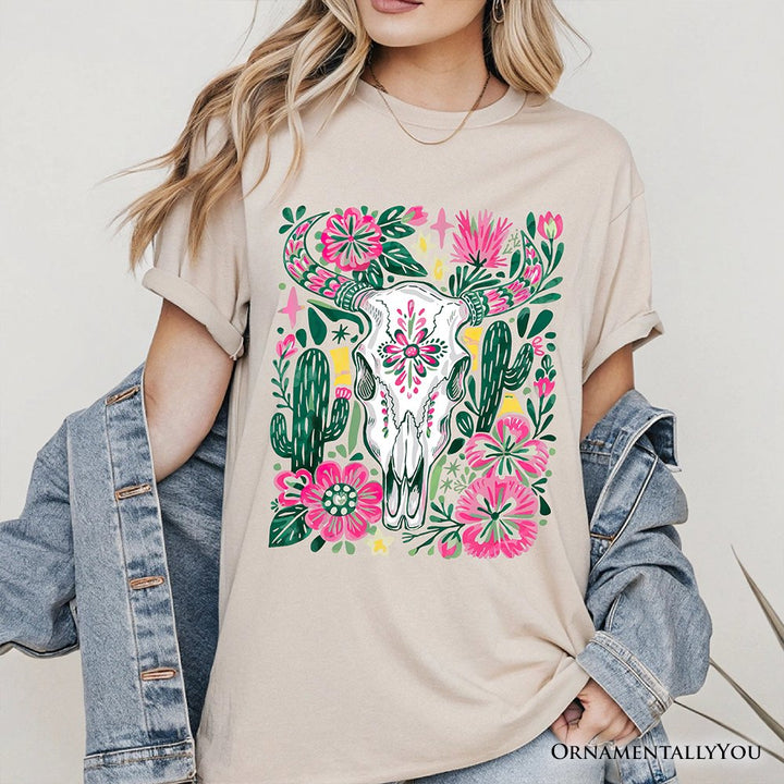 Western Floral Cow Skull T-Shirt, Boho Cowgirl Wildflower Cactus Tee T-Shirts OrnamentallyYou 