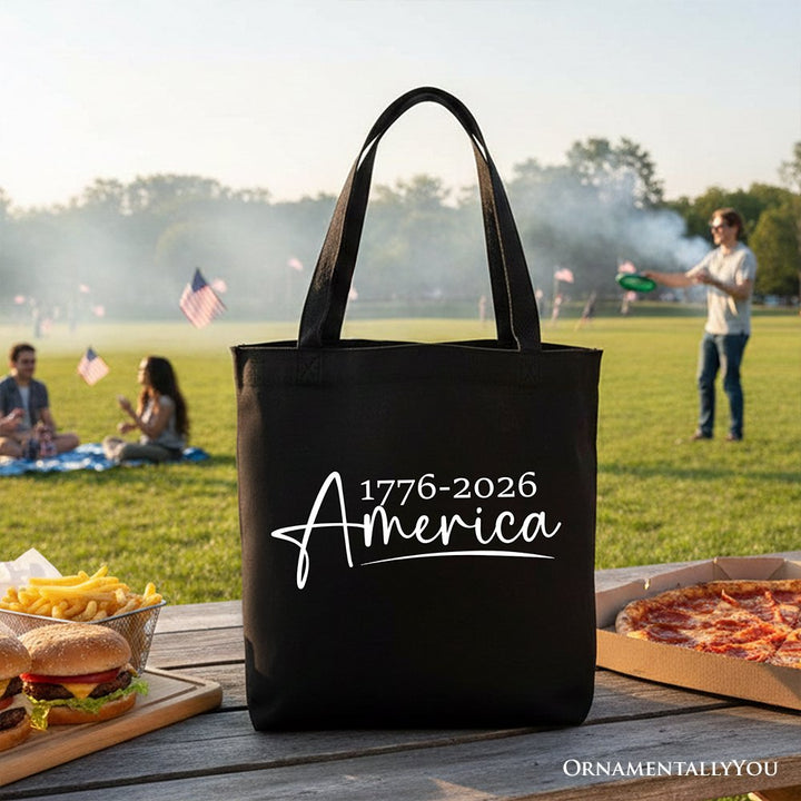 250 Years American Anniversary Tote Bag, 4th of July Minimalistic Patriotic 1776–2026 Gift Shopper Tote Bag OrnamentallyYou Black 