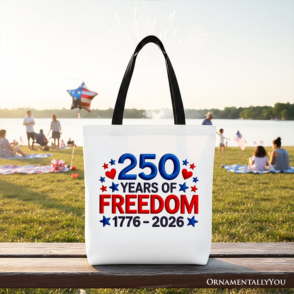 250 Years Freedom Faux Varsity Patch Tote Bag, 4th of July USA Patriotic 1776–2026 Gift Shopper Tote Bag OrnamentallyYou Black Handle 