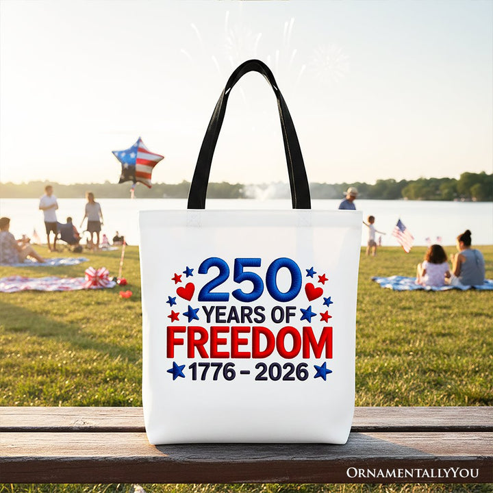 250 Years Freedom Faux Varsity Patch Tote Bag, 4th of July USA Patriotic 1776–2026 Gift Shopper Tote Bag OrnamentallyYou Black Handle 