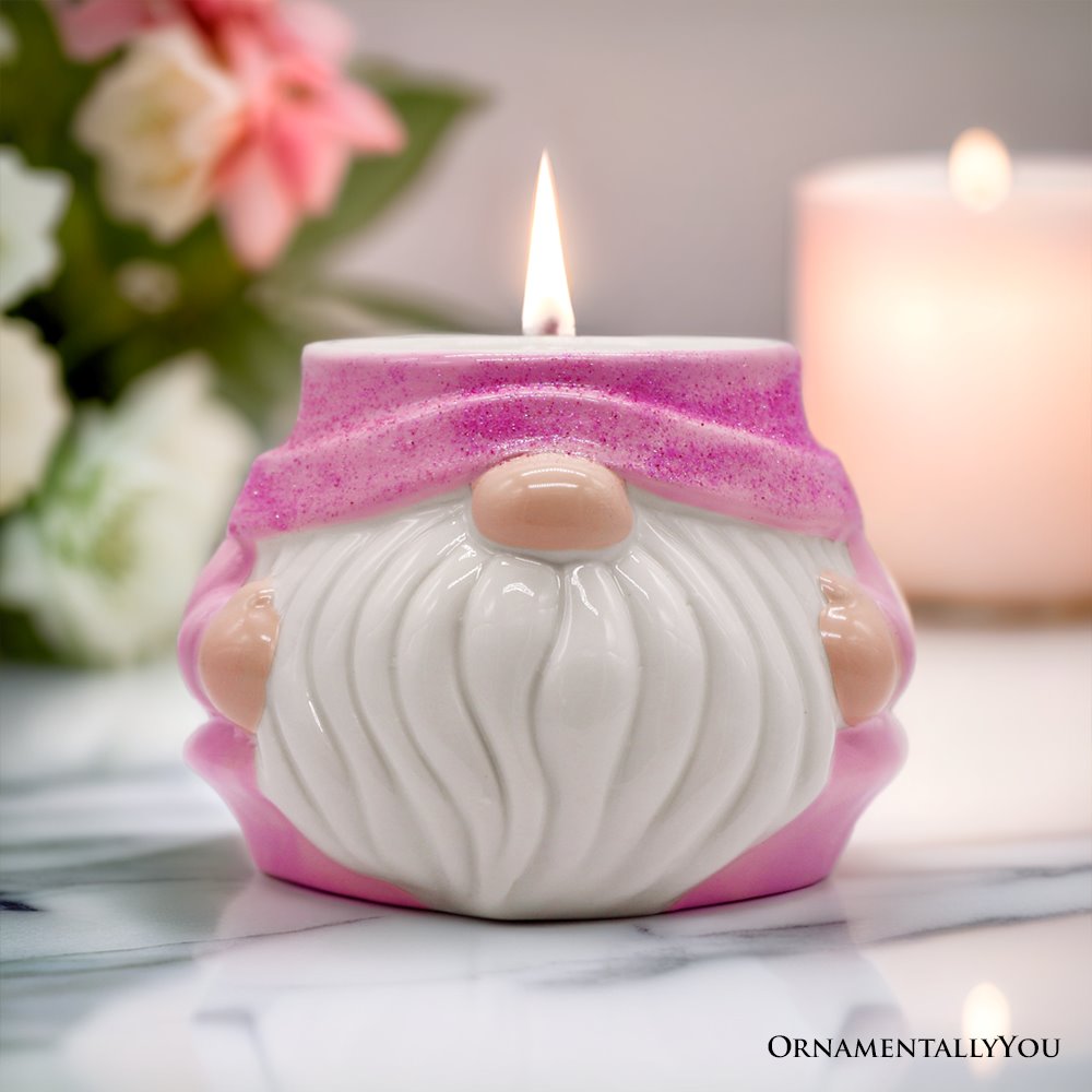 Adorable Pink Gnome Ceramic Candle, Holiday Home Decoration Candles OrnamentallyYou 