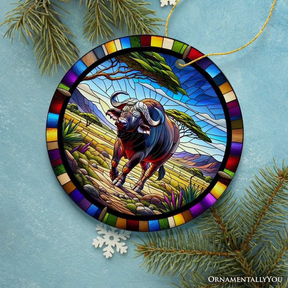 African Buffalo Wildlife Encounter Stained Glass Style Ceramic Ornament, Safari Animals Christmas Gift and Decor Ceramic Ornament OrnamentallyYou 