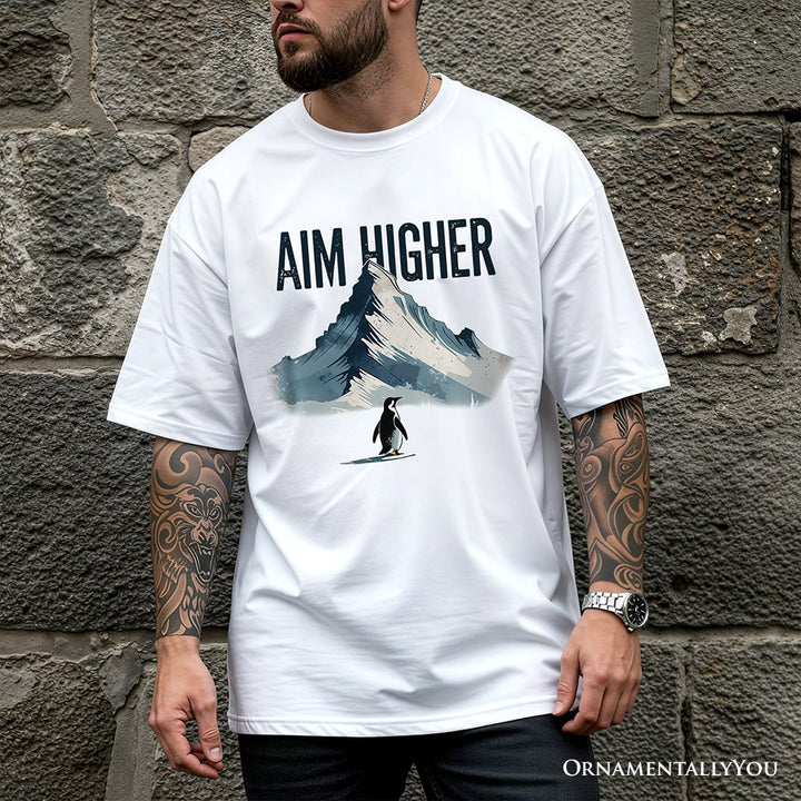 Aim Higher Penguin T-Shirt, Vintage Mountain Motivational Quote Tee T-Shirts OrnamentallyYou 