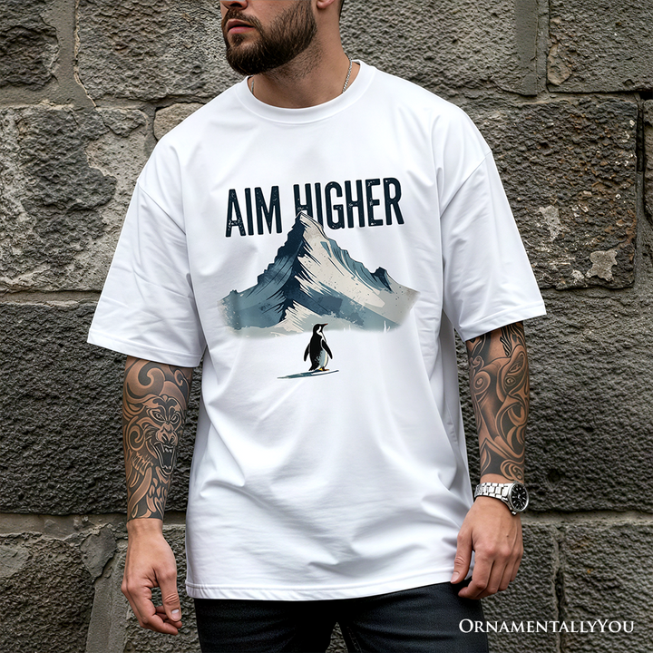 Aim Higher Penguin T-Shirt, Vintage Mountain Motivational Quote Tee