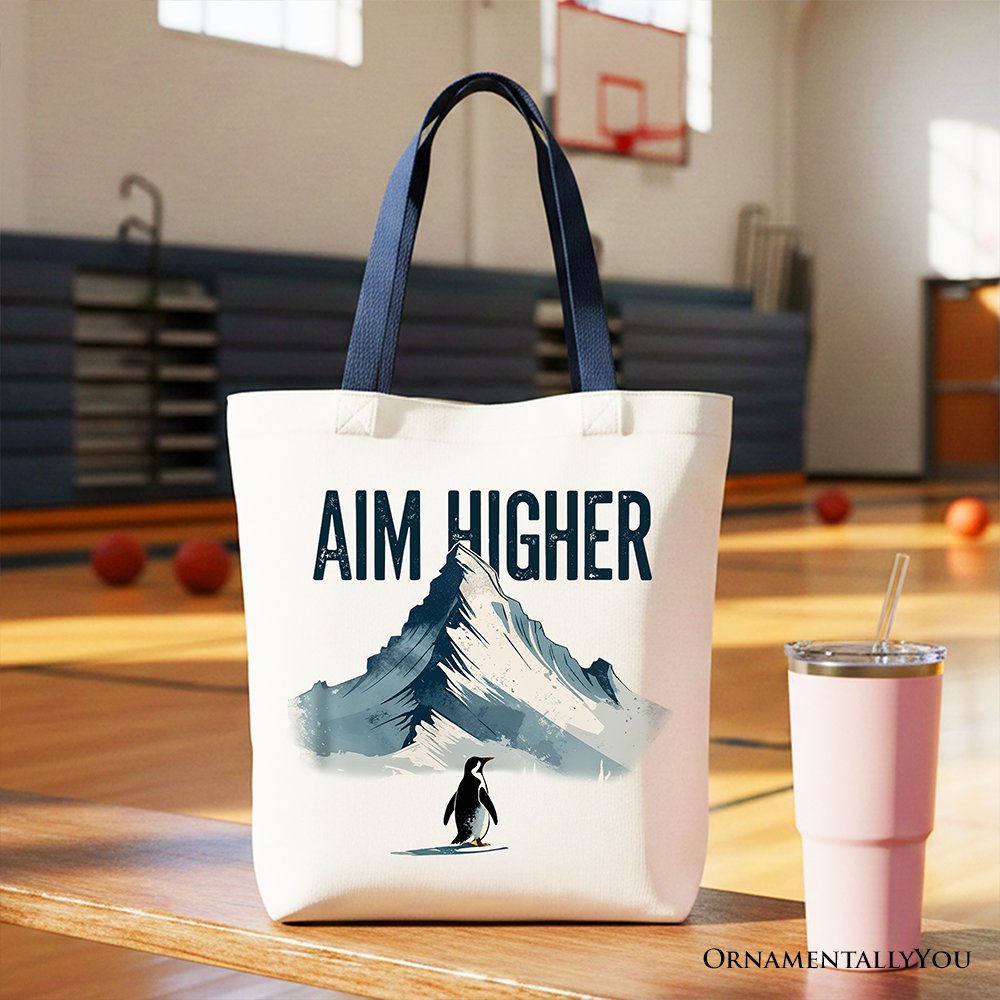 Aim Higher Penguin Tote Bag, Vintage Mountain Motivational Quote Gift Shopper Tote Bag OrnamentallyYou Navy Handle 