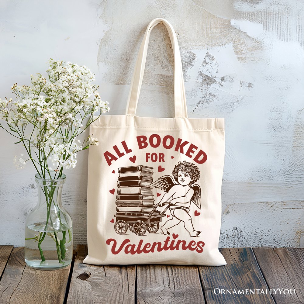 All Booked For Valentines Cupid Canvas Tote Bag, Vintage Funny Bookworm Gift Tote Bag OrnamentallyYou Beige 