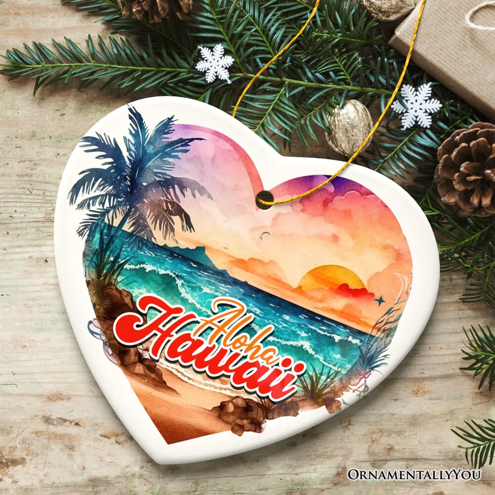 Aloha Hawaii Tropical Watercolor Beach Ornament, Nature Paradise Christmas Gift Ceramic Ornament OrnamentallyYou 