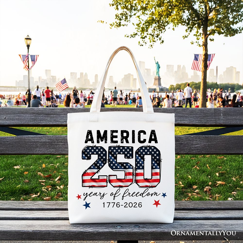 America 250 Years of Freedom Tote Bag, Patriotic USA Anniversary 1776 Gift Shopper Tote Bag OrnamentallyYou White 