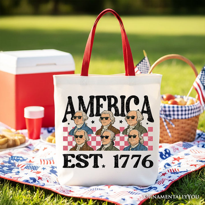 America Est 1776 Founding Fathers Vintage Canvas Tote Bag, Retro Patriotic Gift Shopper Tote Bag OrnamentallyYou Red Handle 