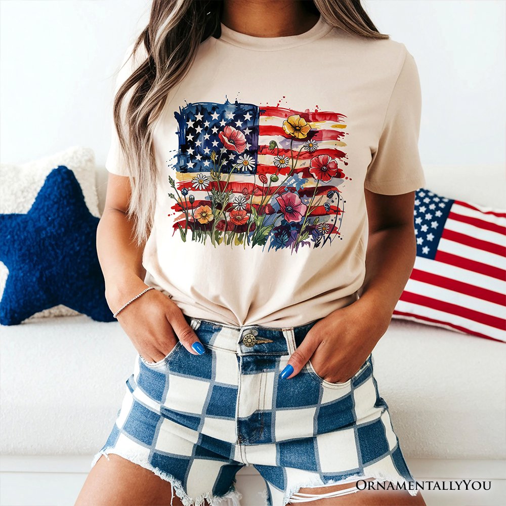 American Flag Floral Wildflower T-Shirt, Patriotic Boho USA 4th of July Tee T-Shirts OrnamentallyYou 