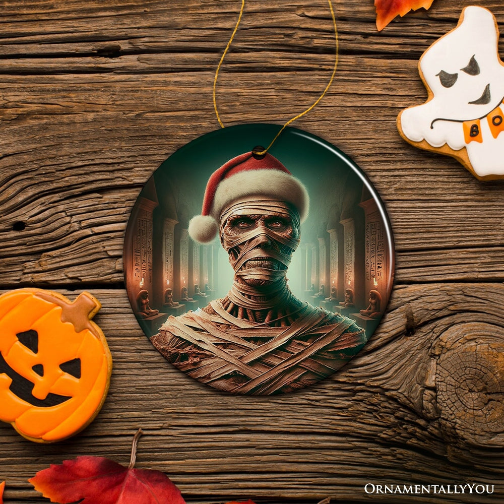 Ancient Mummy with Santa Hat Ornament, Enigmatic Holiday Gift for Horror Enthusiasts Ceramic Ornament OrnamentallyYou 