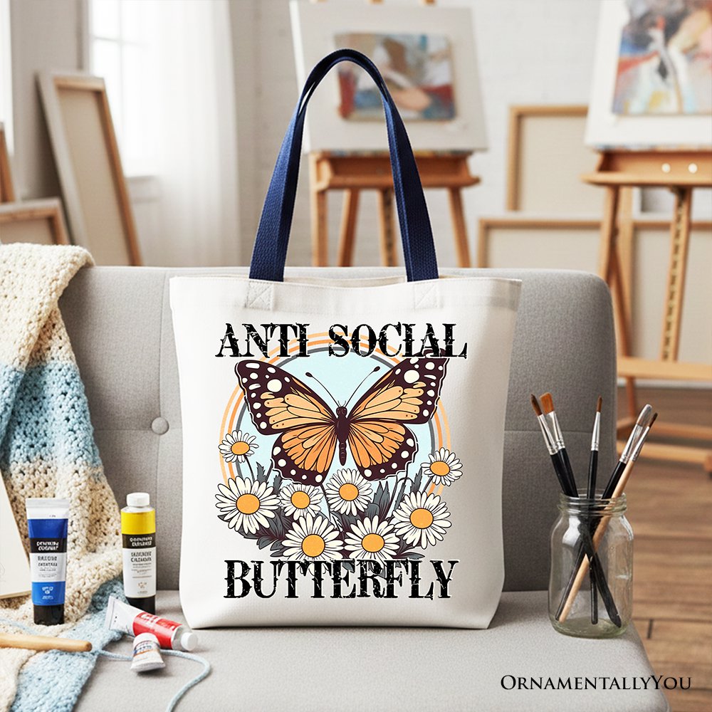 Anti Social Butterfly Canvas Tote Bag, Retro Gift Shopper for Quirky and Independent Women Tote Bag OrnamentallyYou Navy Handle 