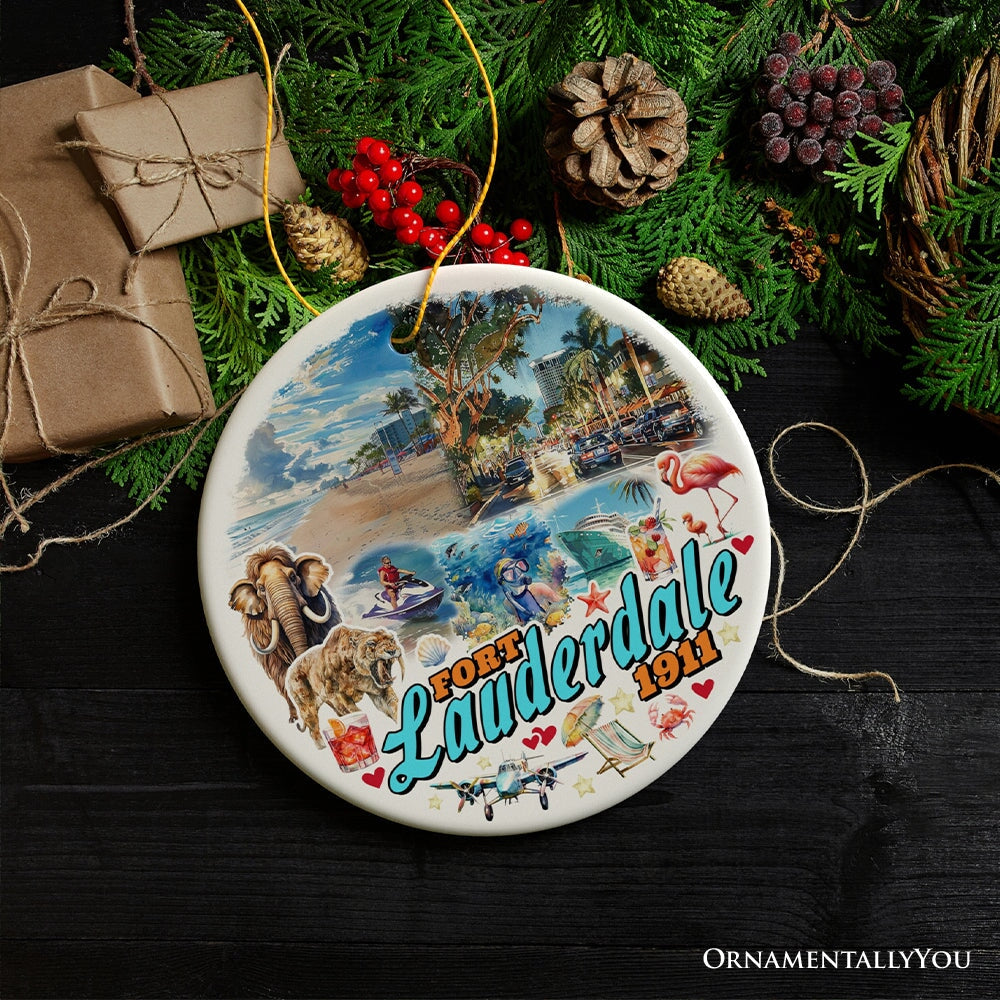 Artistic Fort Lauderdale Watercolor Ornament, Tropical Florida Vacation Beaches and Nature Souvenir Ceramic Ornament OrnamentallyYou 