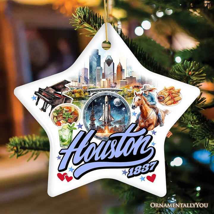 Artistic Houston Ceramic Ornament, Texas Souvenir with Vintage City Elements and Space Shuttle Ceramic Ornament OrnamentallyYou Star 