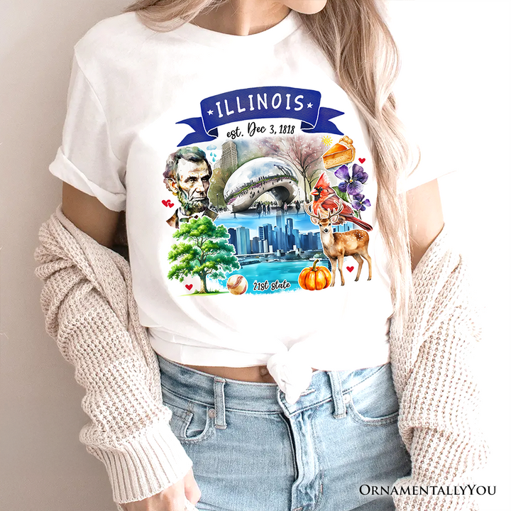 Artistic Illinois State Themes and Landmarks T-Shirt, Tee for History and Travel Lovers